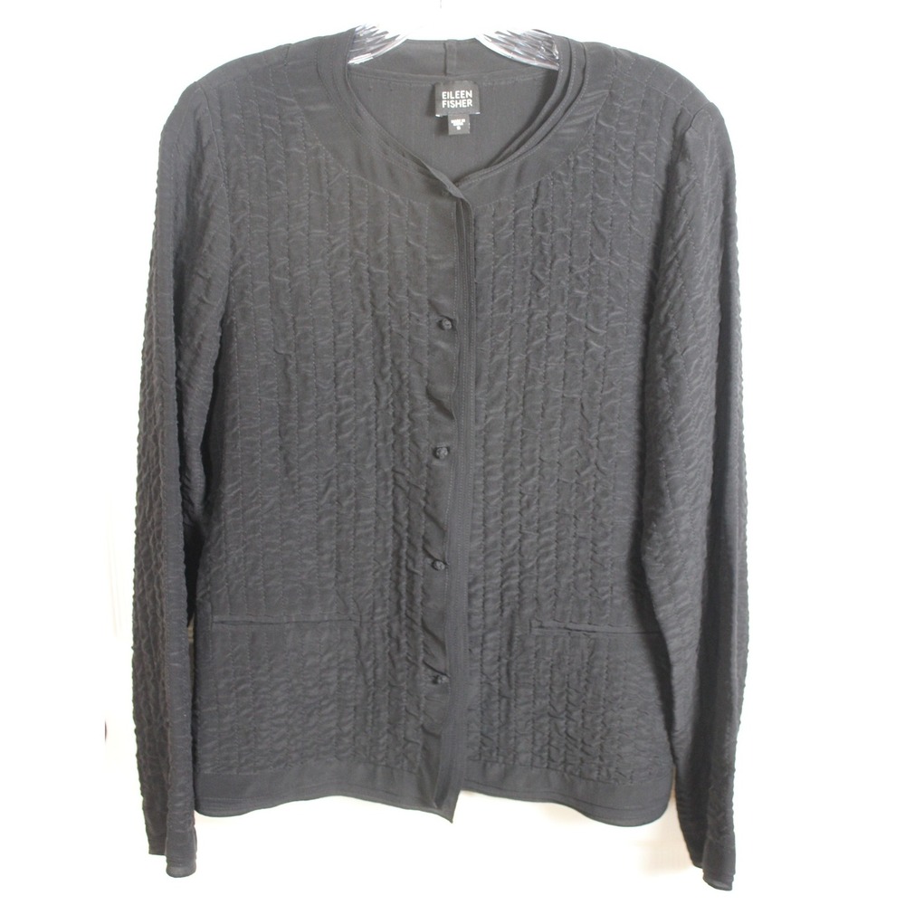 Eileen Fisher Black Silk‎ Textured Button Down Cardigan Top Womens Size S